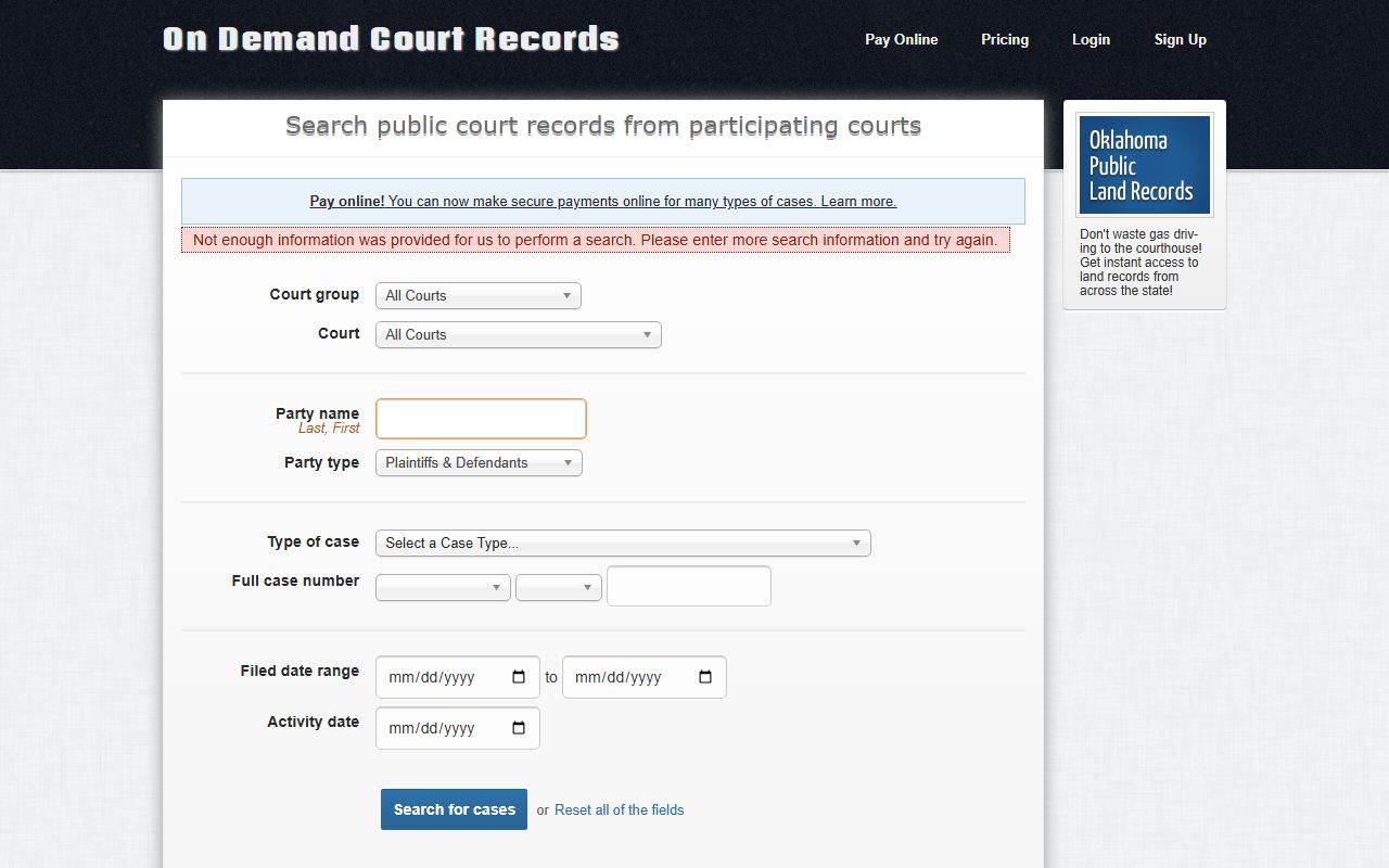 Haskell County court records after arrest ODCR search page